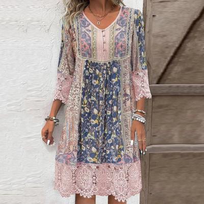 Women Dress Hollow Out Lace Patchwork Floral Print Three Quarter Sleeves V Neck Buttons Loose Retro Bohemian Style Knee Length Vacation Midi Dress
