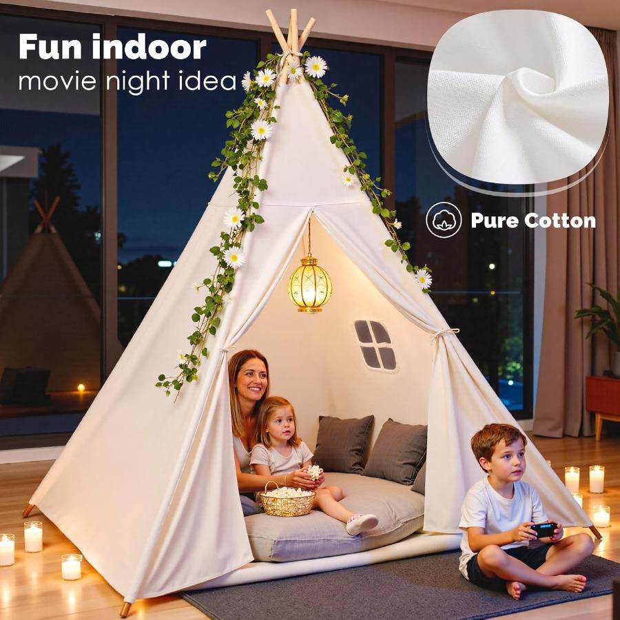 Baumwoll-Canvas Indoor Spielzelt Faltbar für Kleinkinder mit Sternenlichtern Tragetasche Waschbar für Mädchen Jungen Übernachtung