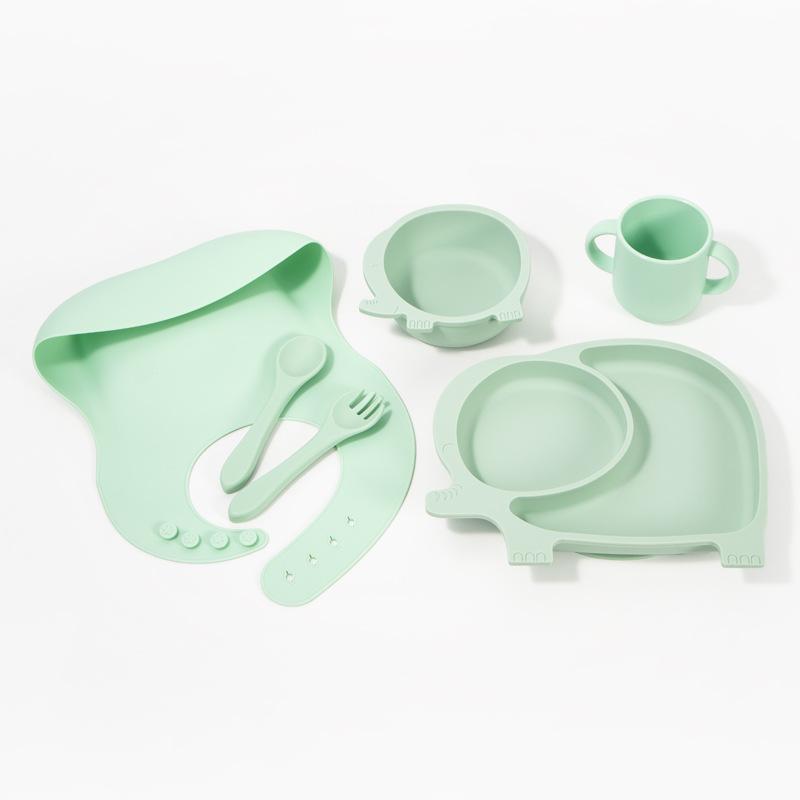 Ensemble de vaisselle pour bébé: Assiette Compartimentée en Silicone, Bavoir, Cuillère, Fourchette, Bol et Ventouse