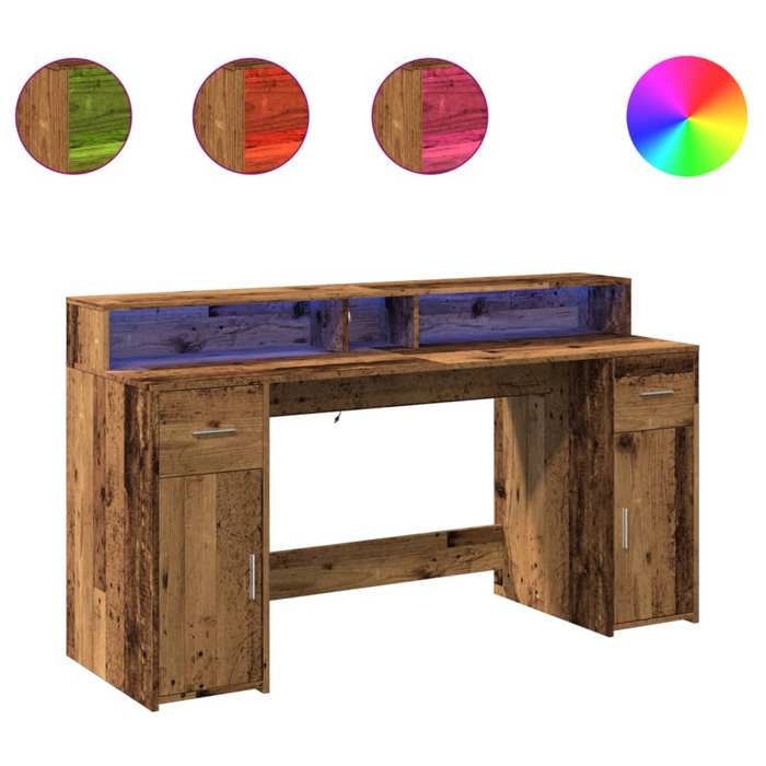 VidaXL Bureau avec lumières LED vieux bois bois d'ingénierie, bureau de travail, bureau d'étude, bureau à domicile, bureau 3309436