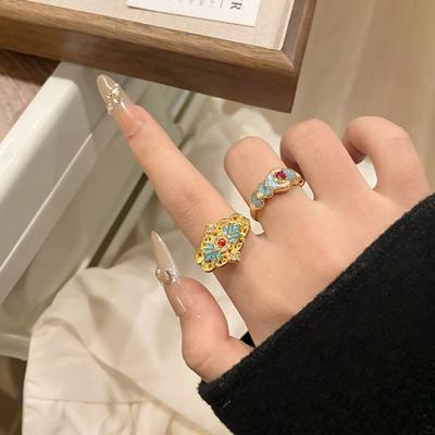 Flower Vintage Open Rings Exquisite Chinese Style Rings Fashion Enamel Finger Rings  Hanfu