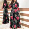 Women Sexy Long Sleeve Floral Print Waist Tight Large Swing Full-length Dress