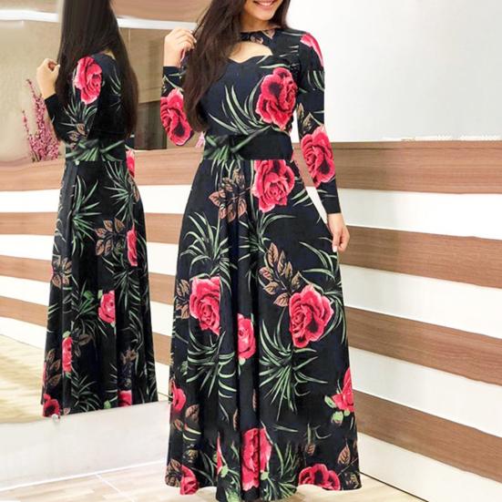 Women Sexy Long Sleeve Floral Print Waist Tight Large Swing Full-length Dress