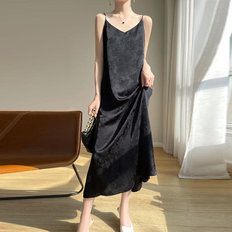 

Шовкова атласна сукня-комбінація з жакардовим візерунком з V-подібним вирізом для жінок на літо, новий китайський стиль, китайський ретро-стиль, без рукавів, довга спідниця XXL чорний