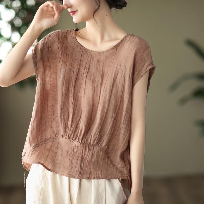 Women's Stylish Summer 2026 Solid Color Tencel Shirt - Loose Fit, Round Neck, Short Sleeves