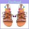 Elegantní Dámské Boho Sandály Gladiator Kožené Ploché Boty S Barevnými Pompony