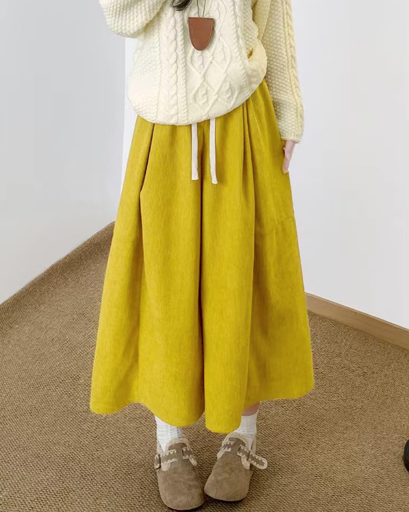 MTUIOY Corduroy Gaucho Warm and Comfortable for Fall and Solid Loose Fit Yellow Size L Women's Wide-leg Pants, Winter, Thick, Casual, Color, - -