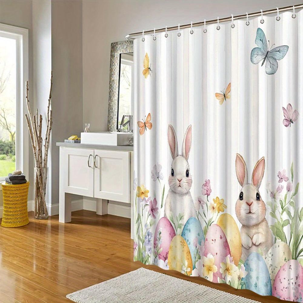 Easter Rabbit Shower Curtain - Watercolor Garden Design with Bunnies, Eggs & Butterflies, Festive Spring Theme, Polyester