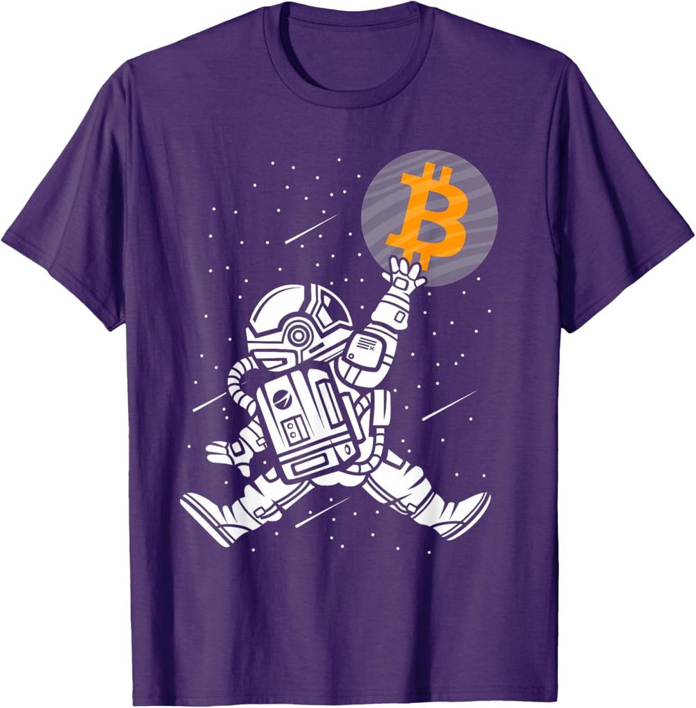 Bitcoin Astronaut Reaching for BTC Crypto Trader Graphic Tee Men Casual Short Sleeve