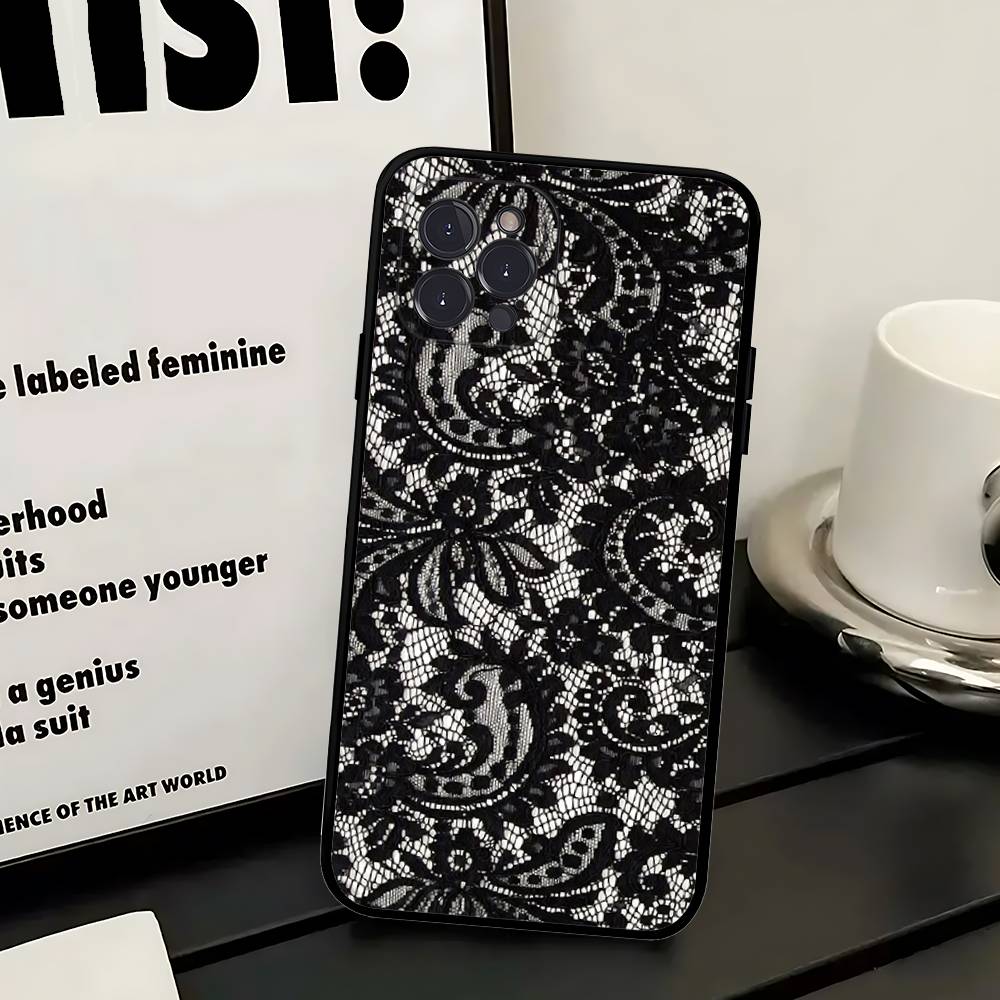 Black Lace Pattern Phone Case For Iphone 17 16 15 16e 14 13 12 11 Pro Max Plus Case Cover Coque