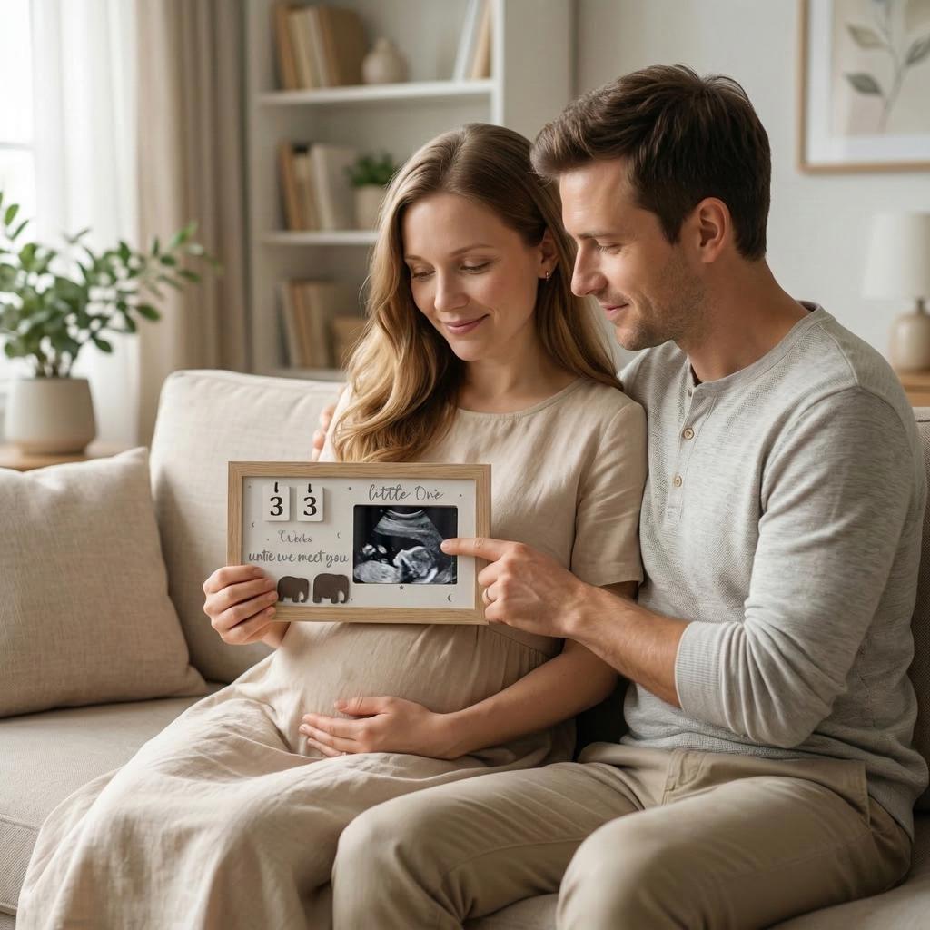 Baby First Scan Photo Frame Countdown Calendar Weeks Until We Meet You with Elephant Design and Photo Display for Newborn Keepsake