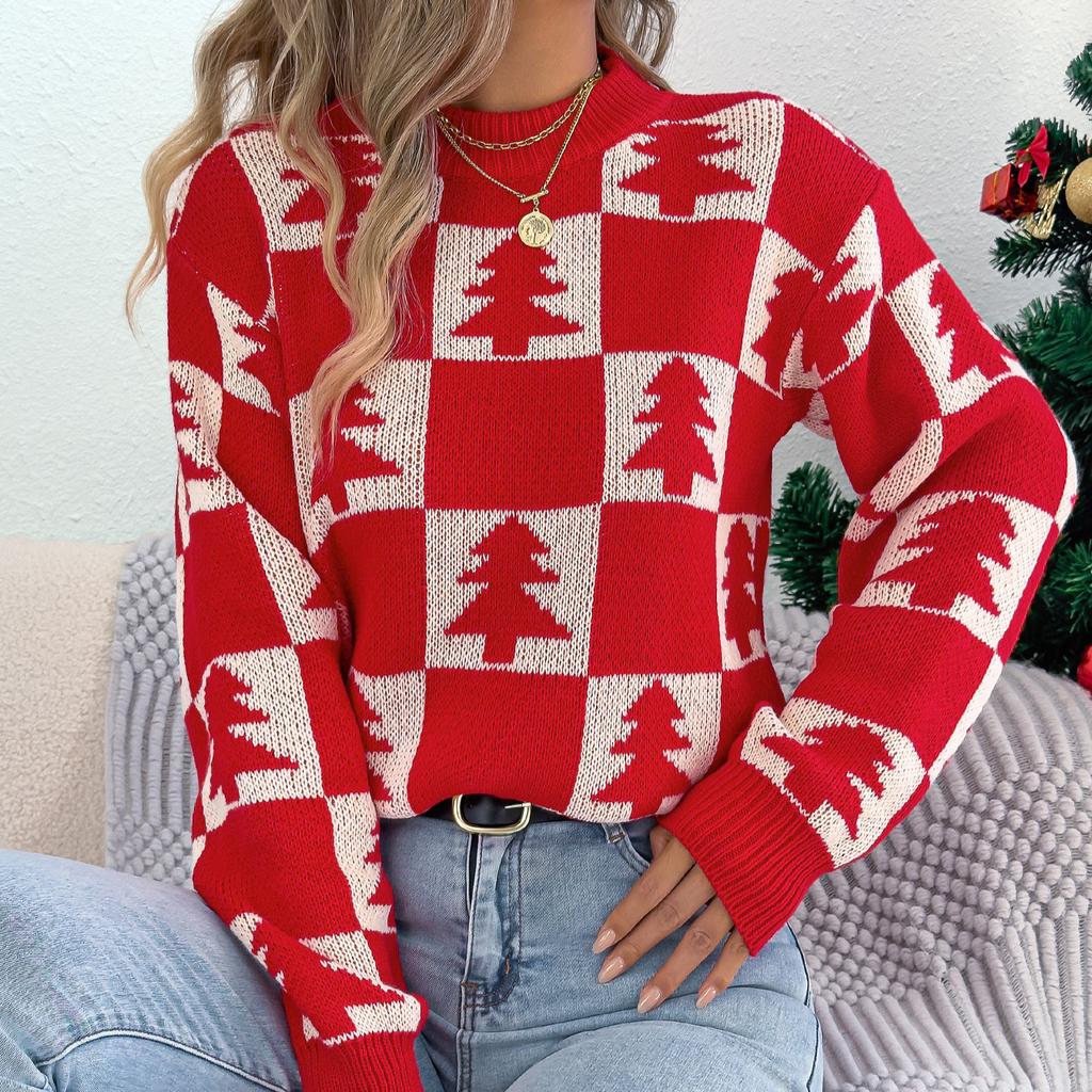 QICED Autumn and Winter Christmas Tree Checkered Lantern Long-sleeved Pullover Sweater Women's Clothing