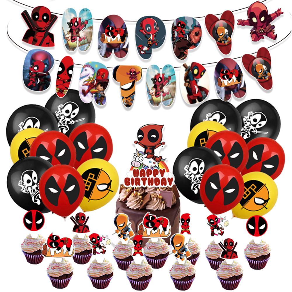 32Pcs Deadpool Theme Party Supplies Includes Banner Balloons Cupcake Toppers