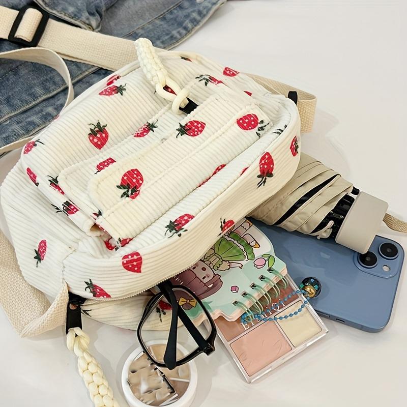 A Lovely Grassy Shoulder Bag, Strawberry Pattern, Multi-pocket Phe Bag, Casual Crossbody Bag, Women's Makeup Bag, Student Bag.