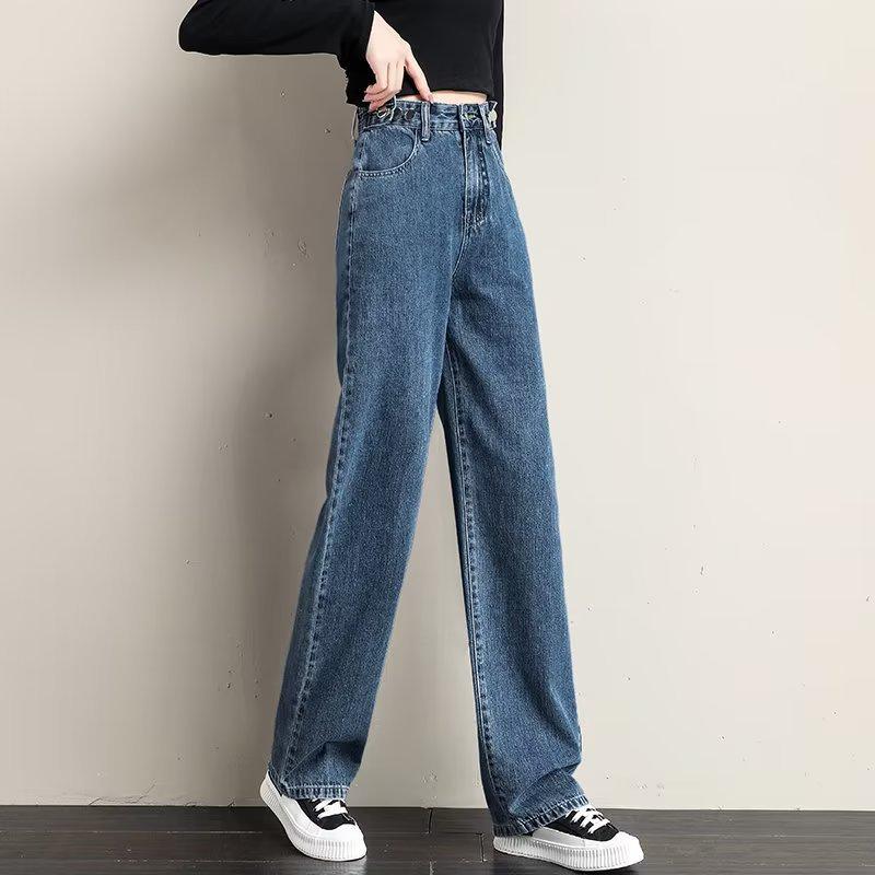 Women's High-Waist Adjustable Jeans - Korean Style Loose Straight-Leg Pants, Slimming Fit, Floor-Length, Small Sizes Available for Spring & Autumn.