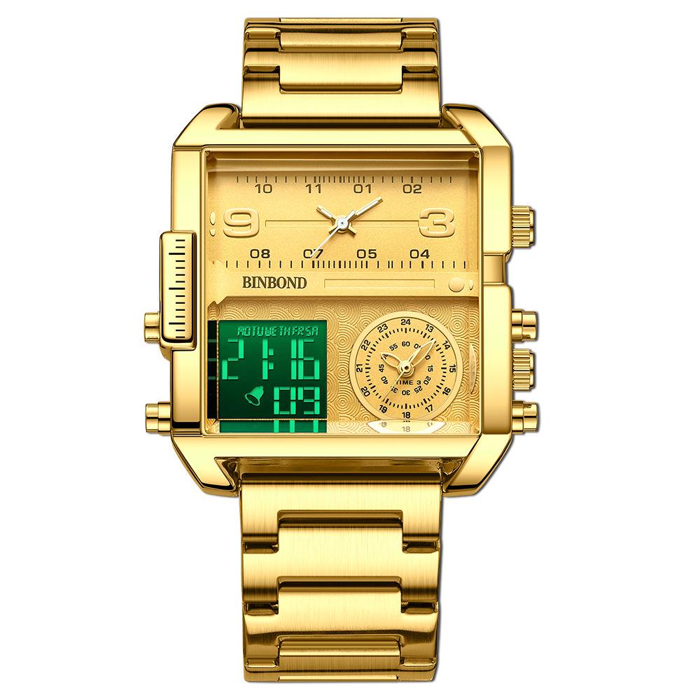 Binbang Fashion Men's Domineering Quartz Watch with Large Square Dial and Triple Display