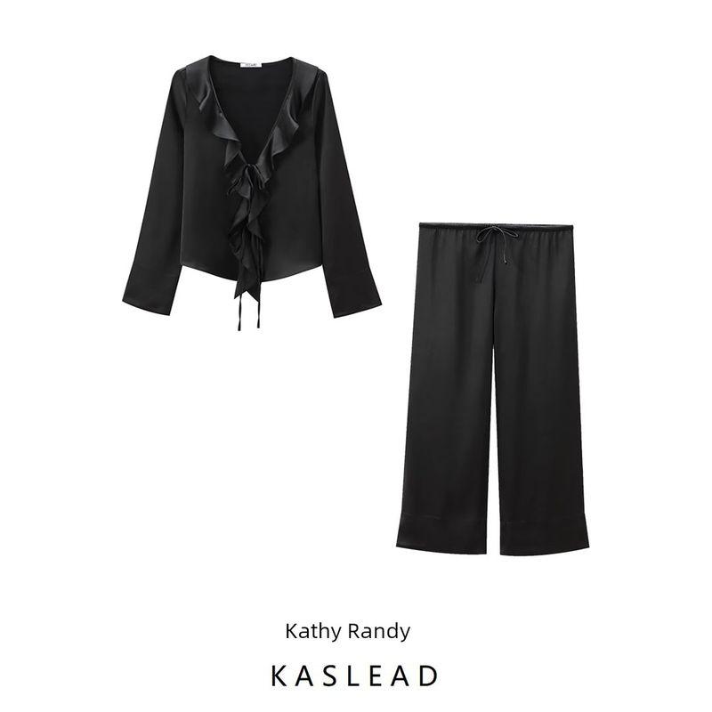 Kaslead New Arrival Women's Fashion Style Silk Satin Textured Shirt Casual Pants 3067104 3152515