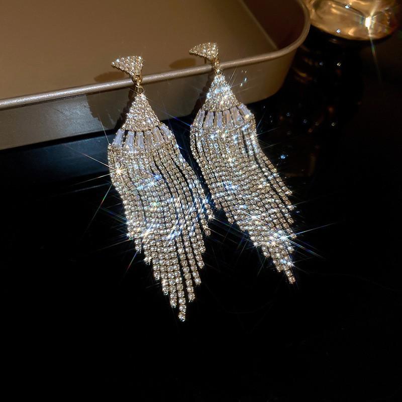 Silver Needle Diamond Water Drop Tassel Earrings - Elegant Court Style, Versatile & Luxurious Design.