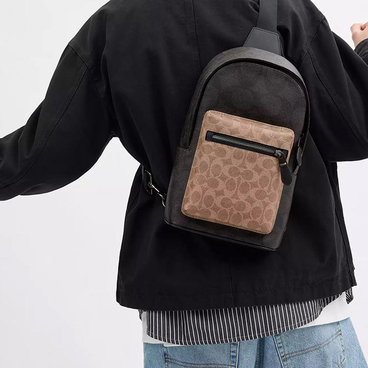 Coach West Pack 20 Stampa Logo Chiusura a Zip Tela Rivestita Firma Borsa a Tracolla Petto Piccola Borse Uomo Marrone Noce CAB60-QBXI8