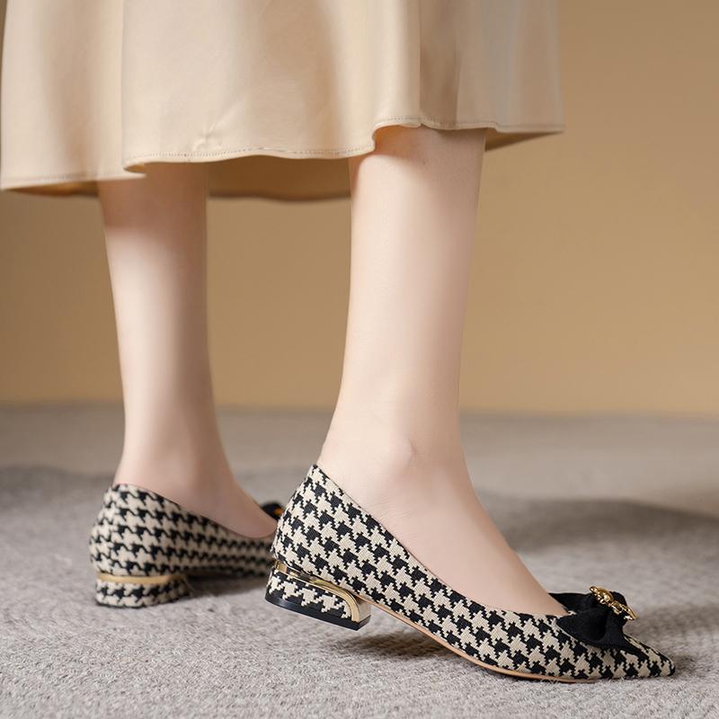 Shoes for Women 2024 New Slip On Women's Flats Autumn Pointed Toe Mixed Colors Houndstooth Butterfly-knot Shallow Mouth Shoes