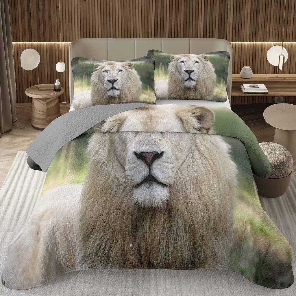 Lion Bedspread Twin King Safari Wild Aninal Coverlet Western Farmstyle Quilt Set Soft Luxury Reversible Grey Quilted Bedding Set