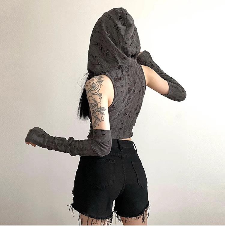 Dune Wasteland Spice Girls Sleeves Hooded T-Shirt Women's Summer New Sexy Belly Navel Chic Ripped Short Top