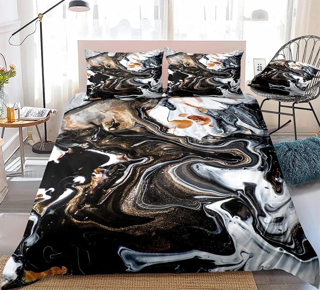 Marble Duvet Cover Black Marble Bedding Black White Gold Abstract Marble Texture Polyester Quilt Cover Double Queen King Size