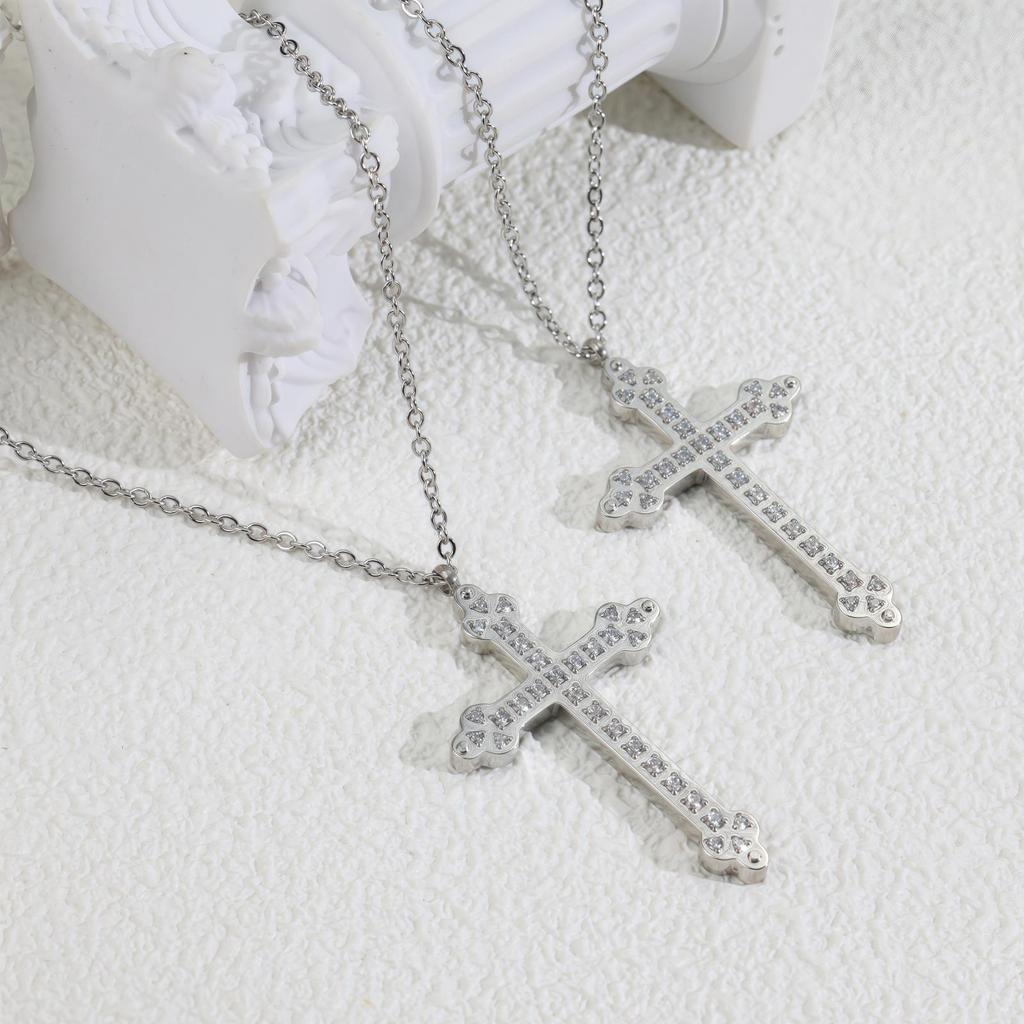 Sweet Cool Hip Hop Zircon Cross Necklace Titanium Steel Necklace Does Not Fade Hip Hop Gothic Men'S Necklace