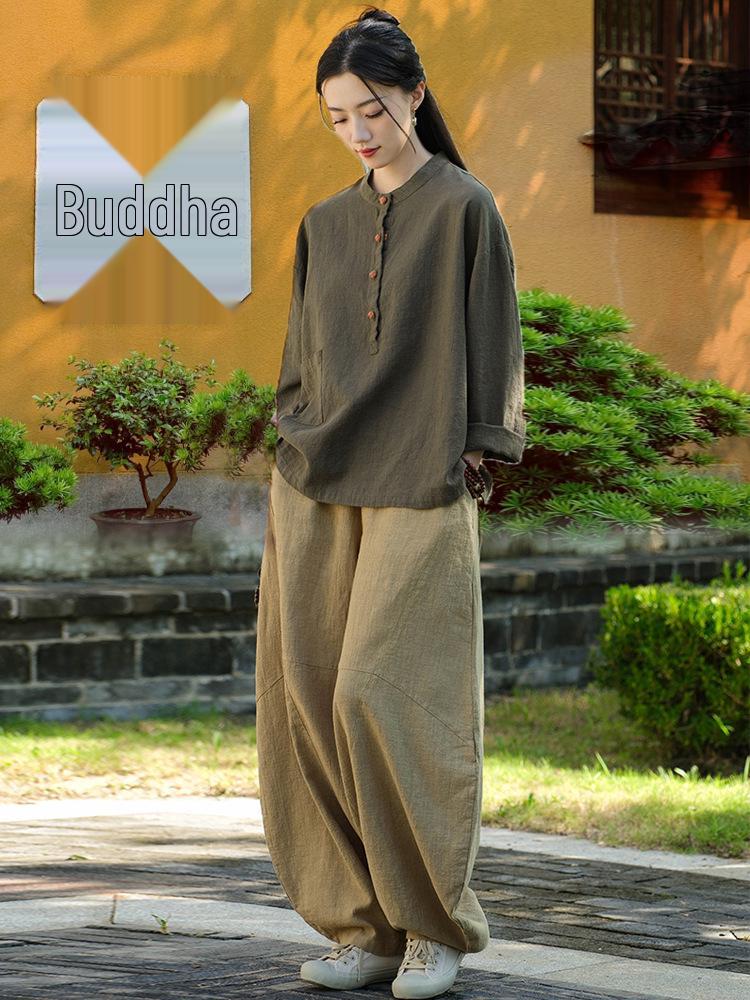Women's Cotton Linen Zen Meditation Suit with Frog Button Shirt