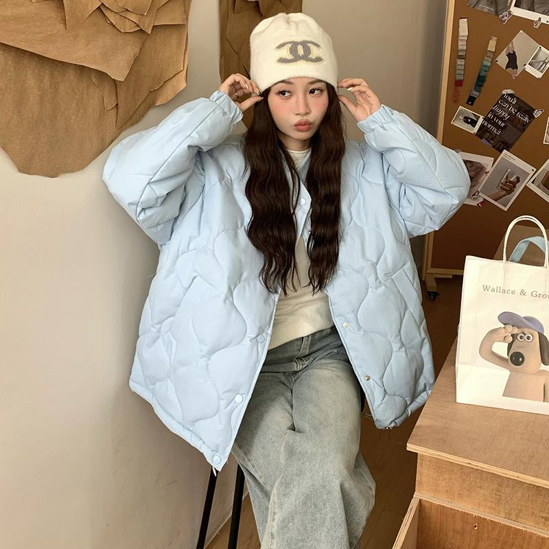 

Хлопковая одежда Женская Осень и Зима 2025 Новая Стеганая Куртка Зимняя Стеганая Куртка Корейская Свободная Ромбовидная Клетка Пуховик из Хлопка XL светло-синий