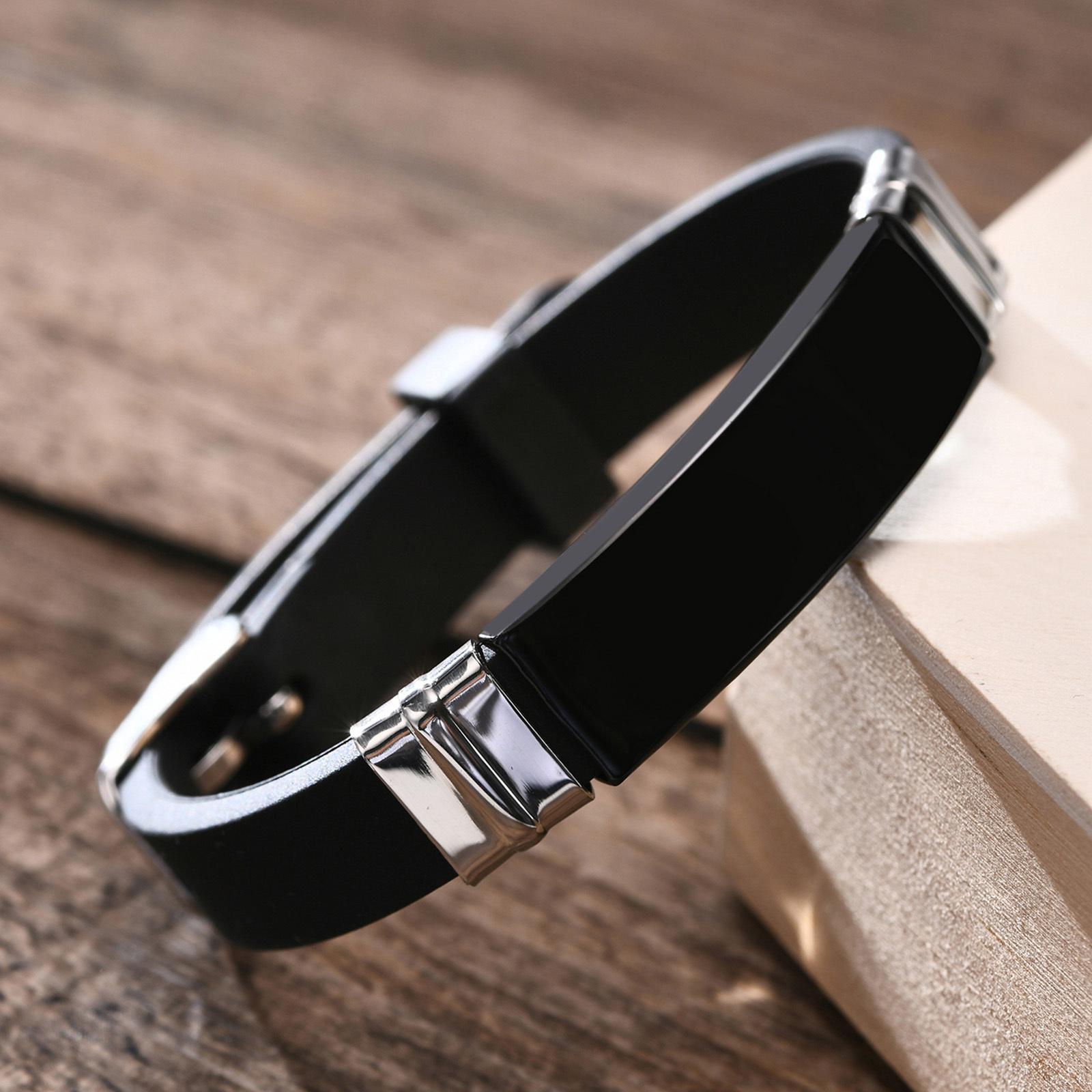 Vnox Custom Engrave Casual Silicone Bracelet for Men Women,Stainless Steel ID Tag Wristband Unisex Jewelry,Length Adjustable No Words
