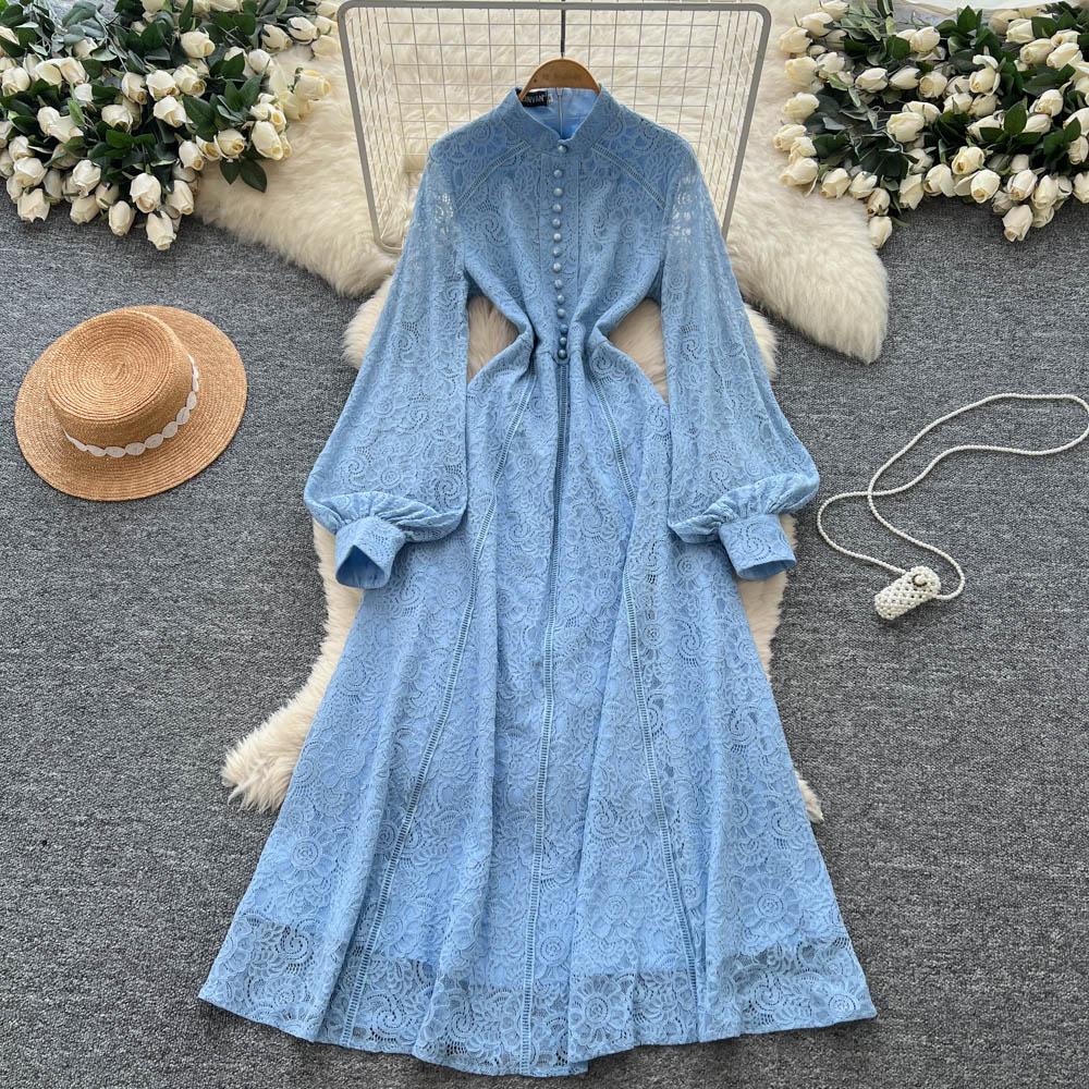 French Court Style Dress Women's Autumn High-end Single-breasted Waist and Thin Temperament Lace Long Dresses