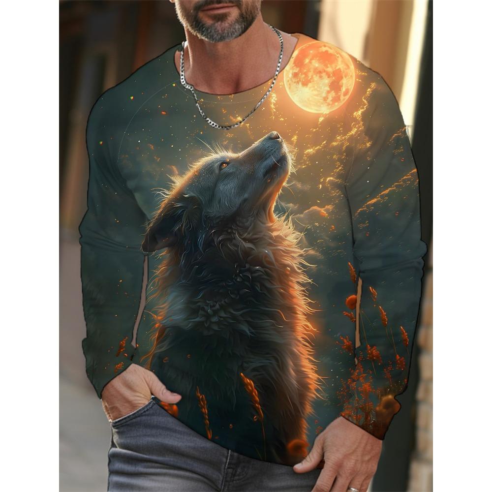 Long-sleeve 3D printed wolf pattern stylish T-shirt, men's street casual, round-neck trendy T-shirt