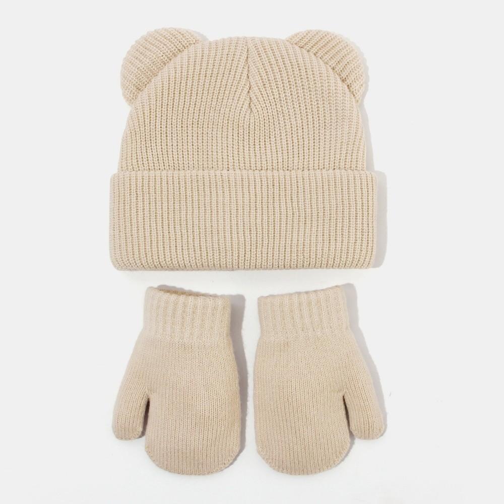 Knitted Bear Ear Earflap Hat Warm Knitted Hat Glove Set Children's Winter Hat for Boys Girls Kids
