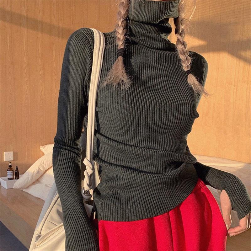 

Вязаный свитер женский корейский вариант водолазка свитер осень однотонный пуловер утягивающий внутренняя отделка теплые базовые топы One Size