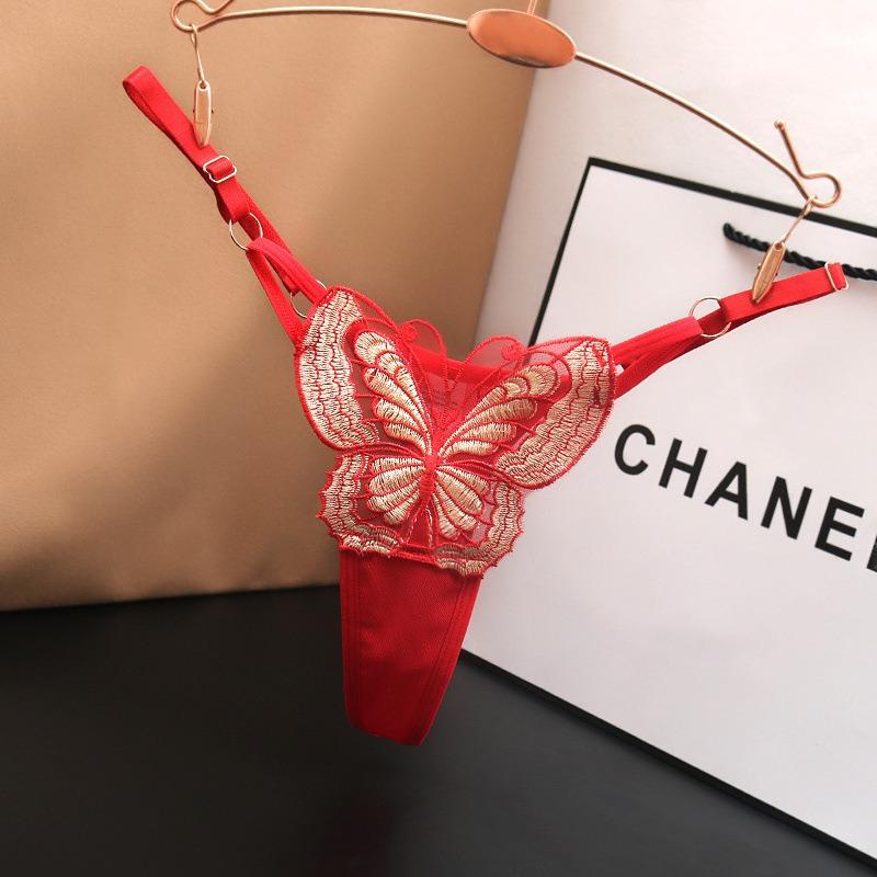 New Sexy Transparent Lace Underwear with Female Charm, Butterfly Embroidery, Low Waist Adjustable, Hot European and American Tho