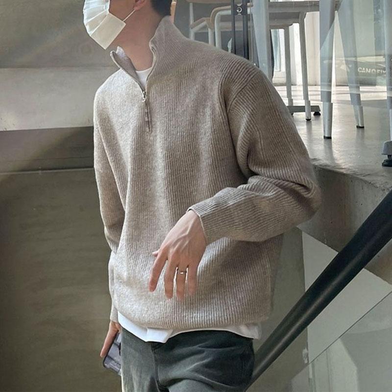 Korean Stand Collar Knitted Pullovers Autumn Winter Fashionable Zipper Men's Solid Color Casual Basic Loose Sweaters