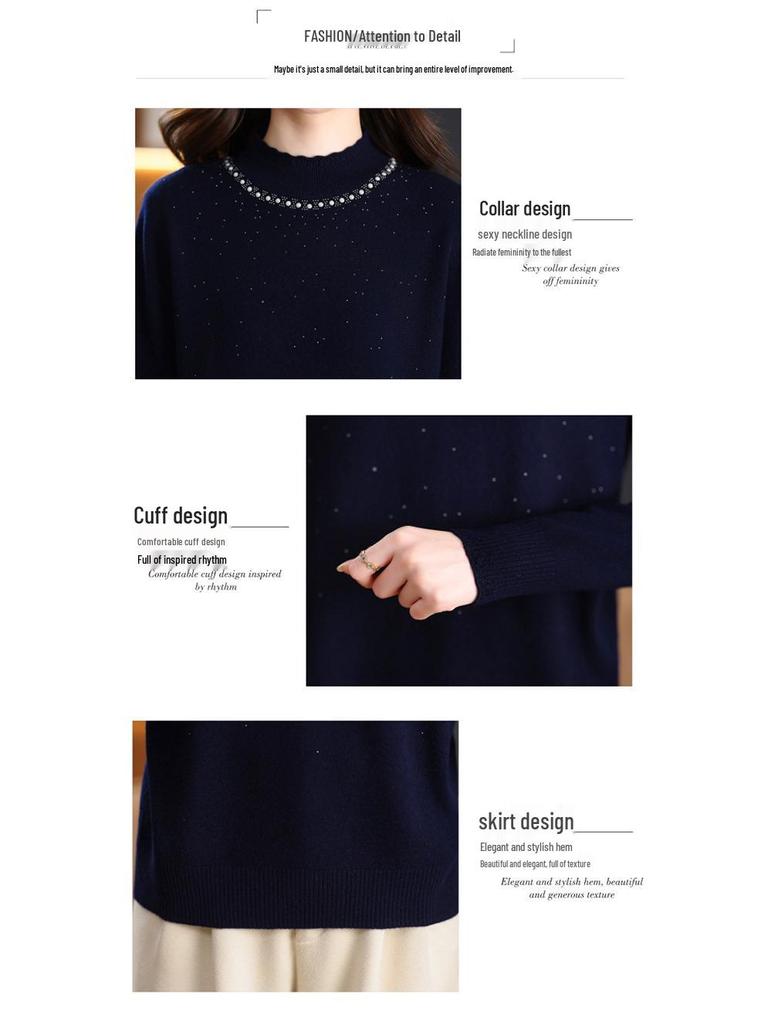 Women's 100% Wool Rhinestone Semi-High Neck Sweater – Fashionable Knitted Base Shirt for Autumn and Winter, Ideal for Middle-Aged and Elderly Mothers