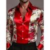 Men's Fashion New Design Printed Rose Men's Printed Rose Satin Shirt Long Sleeve Retro Holiday Wear Collar Button Shirt