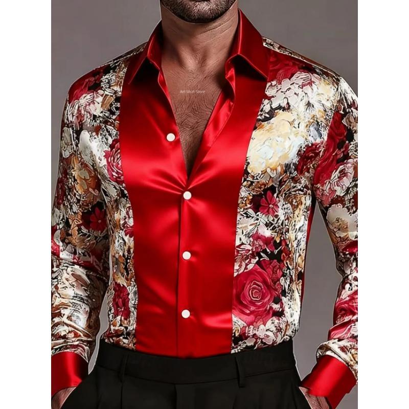 Men's Fashion New Design Printed Rose Men's Printed Rose Satin Shirt Long Sleeve Retro Holiday Wear Collar Button Shirt