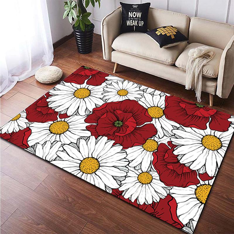 Cartoon Blume Schönes Gemälde Teppich für Wohnzimmer Großer Flächenteppich Schwarz Weicher Teppich Heimdekoration Matten Boho Teppiche