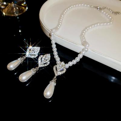 Zinc Alloy Needle Inlaid Rhinestone Heart Pearl Earrings Necklace Set Fashion Bridal Accessories Wedding Zircon Sets for Women