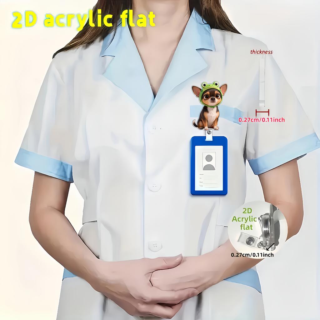 2D Flat Acrylic Dog With Frog Hat Flower Retractable Badge Reel,Nylon Cord Easy Open ID Clip,Gift For Nurses Doctors Students Medical Office Staff