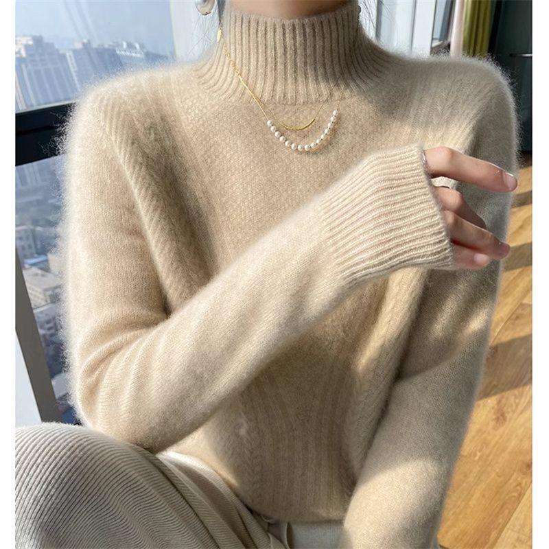 Pulover de cașmir pentru femei, la modă, tricotaj cu mânecă lungă, culoare uni Pulover cu guler pe jumătate înalt