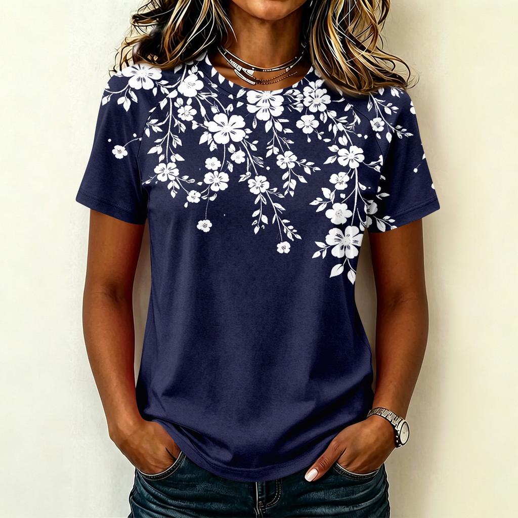 Women's Casual Raglan Sleeve Floral Print Short Sleeve Top Round Neck Lightweight Blouse Soft Fabric Relaxed Fit Summer Shirt