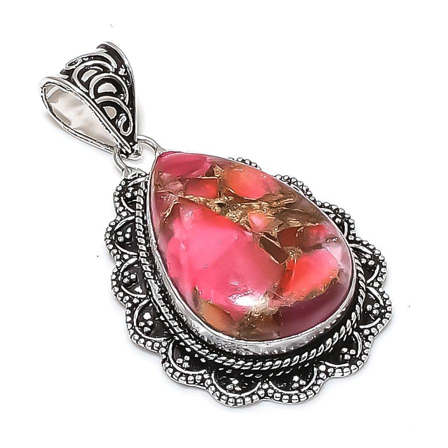 Натуральный розовый георгин бирюзовый драгоценный камень серебро 925 пробы кулон 2,13  ETC-13999