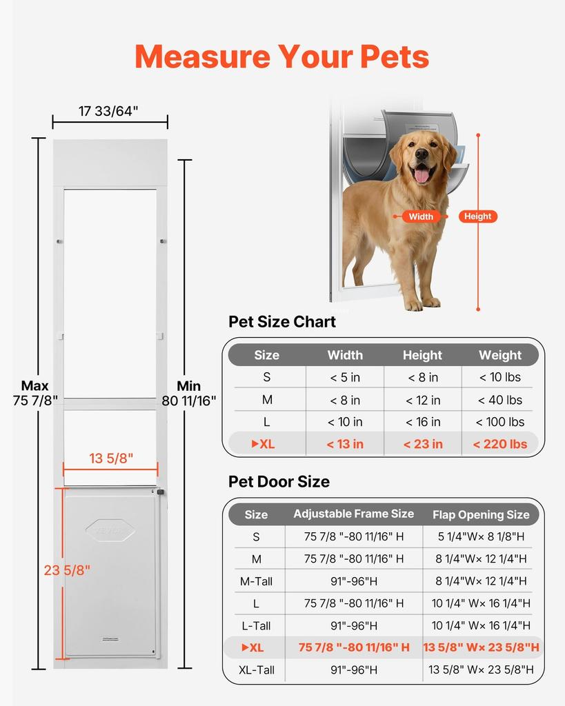 Dog Door for Sliding Glass Door, 1927 Mm To 2049 Mm Adjustable Height, Aluminum Alloy Frame with 3-Layer Flap and Rotating Hinge, for Extra