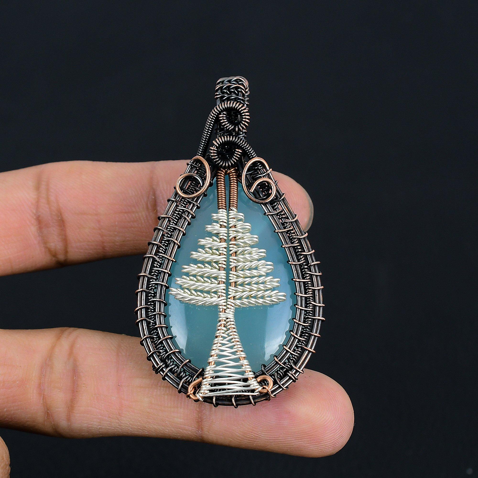 

Aqua Chalcedony 999 Copper Wire Wrapped Pendant, Handmade Gemstone Tree Of Life Pendant Jewelry, Gifts For Wife Brand New Pendant 2.55 Inches