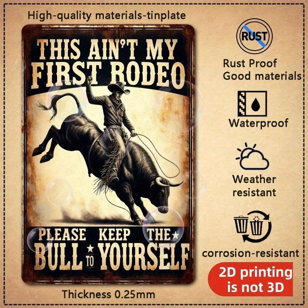 Vintage Metal Sign Cowboy Riding Bull Wall Art Rustic Decor 8x12