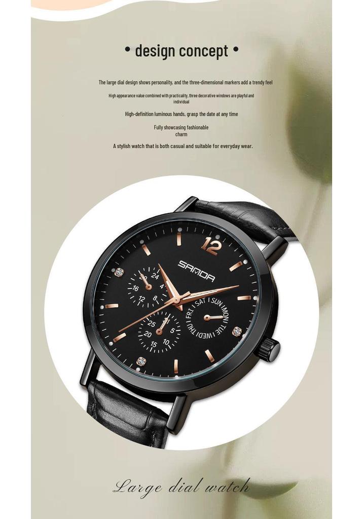 Sanda Waterproof Six-Hand Quartz Wristwatch, Luminous Hands, Unisex for Business and Casual Wear